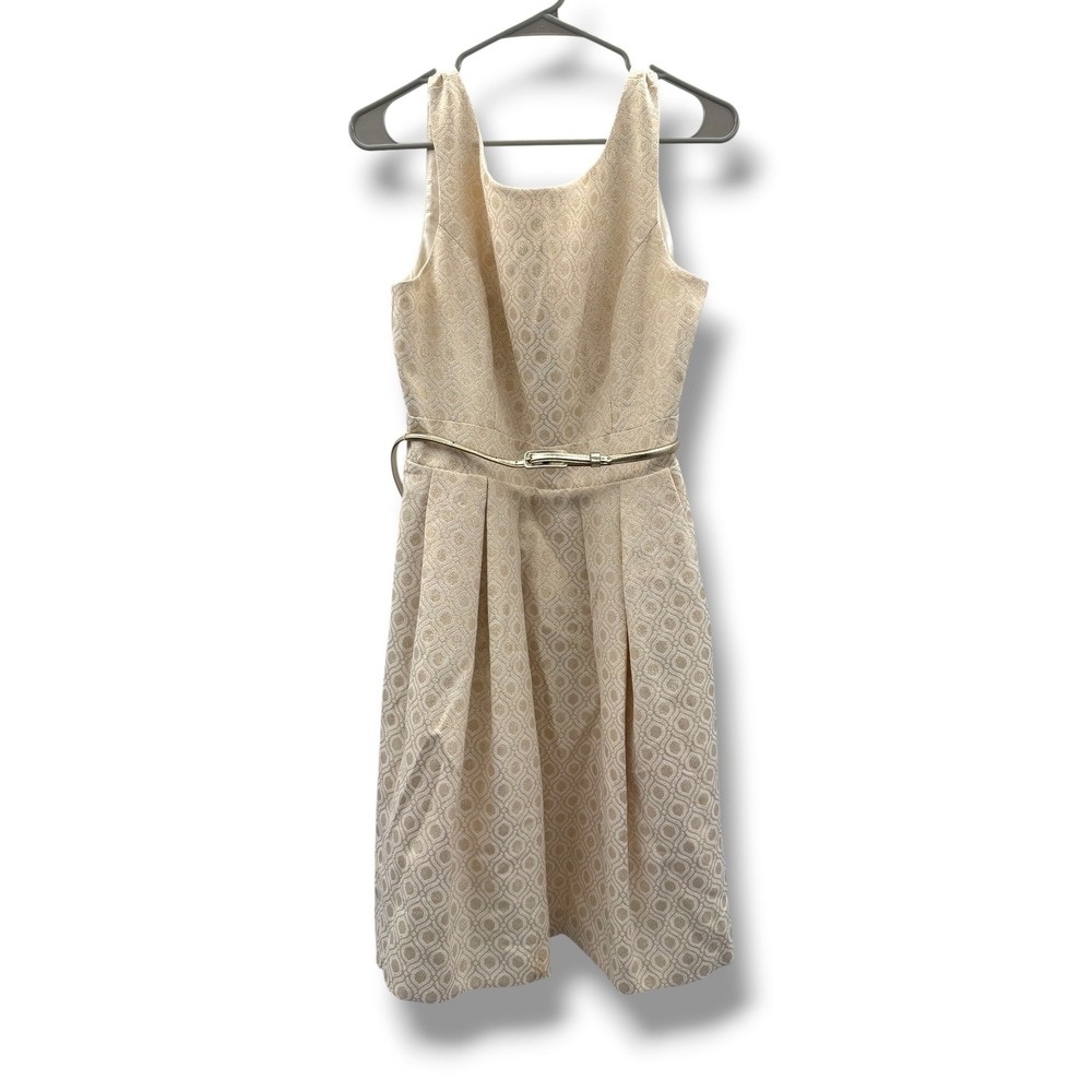 Eliza‎ J Fit & Flare Dress 10 Champagne Gold Metallic Jacquard Belted Sleeveless